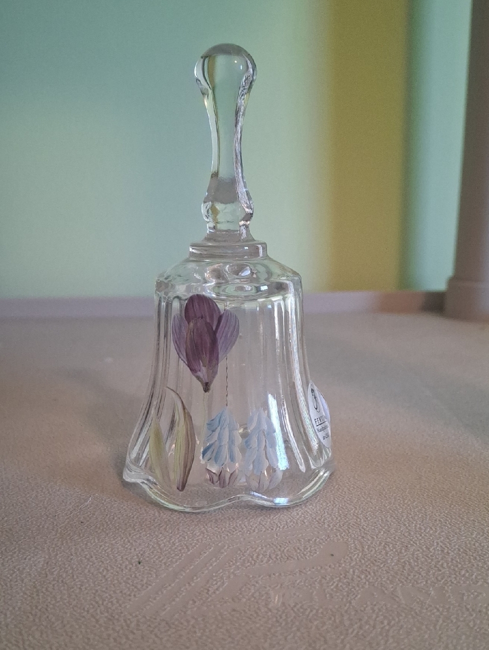 Hand-Painted Fenton Glass Bell with Purple Floral Design